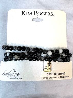 NWT Kim Rogers Faith Genuine Stone Wrap Bracelet Black White Beaded
